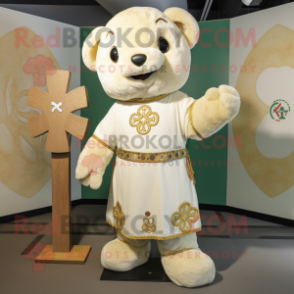 Cream Celtic Cross mascot costume character dressed with a Romper and Shawls