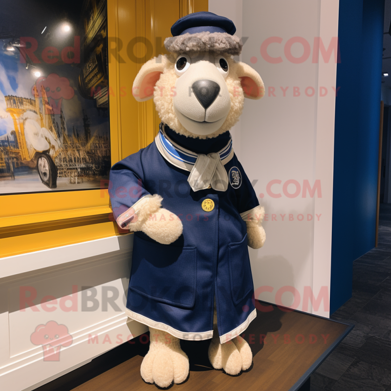 Navy Sheep mascot costume character dressed with a Wrap Skirt and Ties