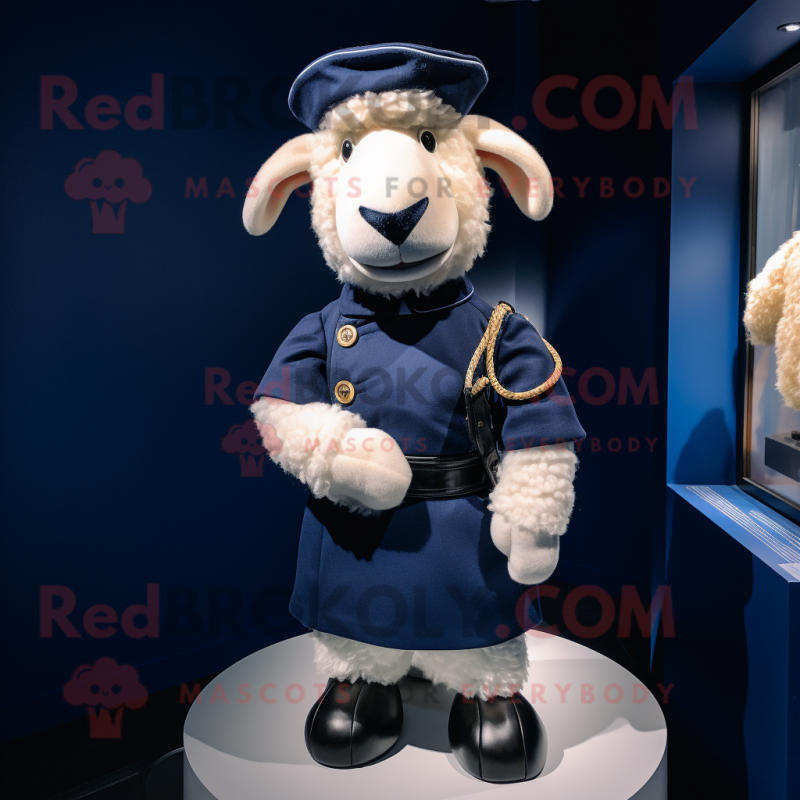 Navy Sheep mascot costume character dressed with a Wrap Skirt and Ties