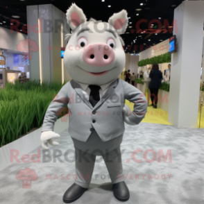 Gray Pig mascot costume character dressed with a Suit Pants and Pocket squares