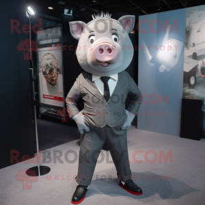 Gray Pig mascot costume character dressed with a Suit Pants and Pocket squares