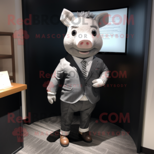 Gray Pig mascot costume character dressed with a Suit Pants and Pocket squares