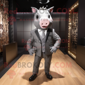 Gray Pig mascot costume character dressed with a Suit Pants and Pocket squares
