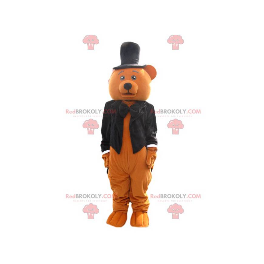 Mascotte orso bruno con un cappotto di coda nera -