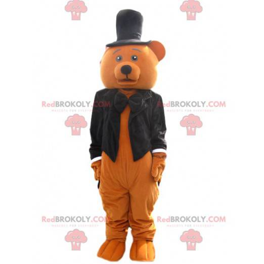 Mascotte orso bruno con un cappotto di coda nera -