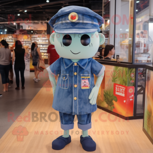 Navy Miso Soup mascot costume character dressed with a Denim Shorts and Hat pins