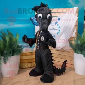 Black Seahorse mascot costume character dressed with a Polo Shirt and Pocket squares