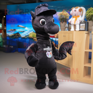 Black Seahorse mascot costume character dressed with a Polo Shirt and Pocket squares