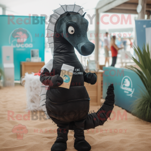 Black Seahorse mascot costume character dressed with a Polo Shirt and Pocket squares