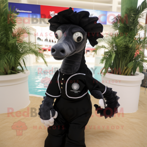 Black Seahorse mascot costume character dressed with a Polo Shirt and Pocket squares