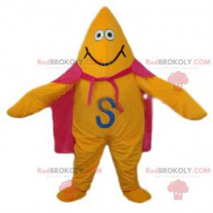 Yellow star mascot with a pink cape and a big smile -