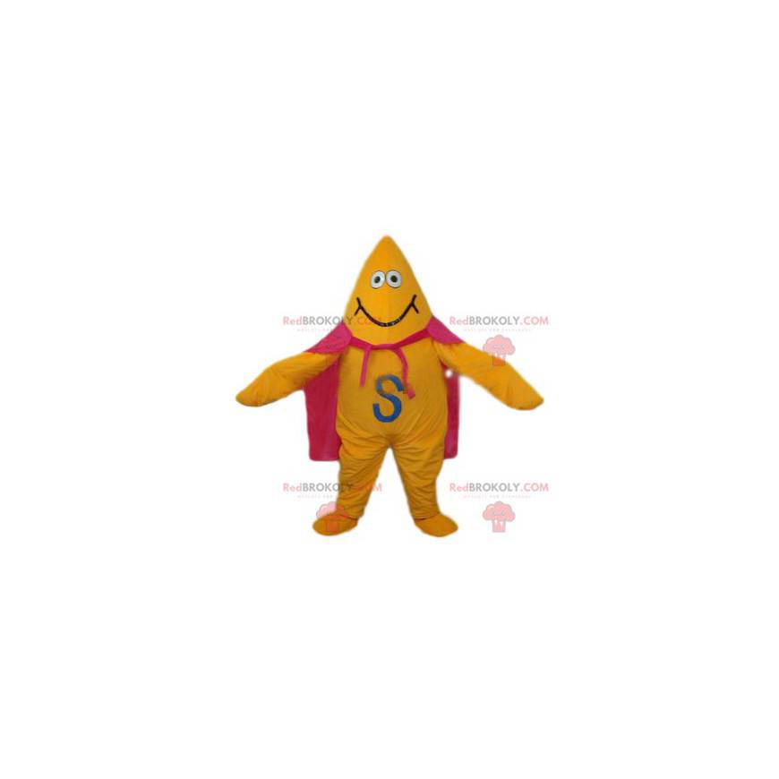 Yellow star mascot with a pink cape and a big smile -