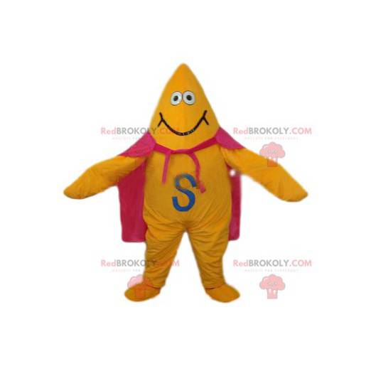 Yellow star mascot with a pink cape and a big smile -