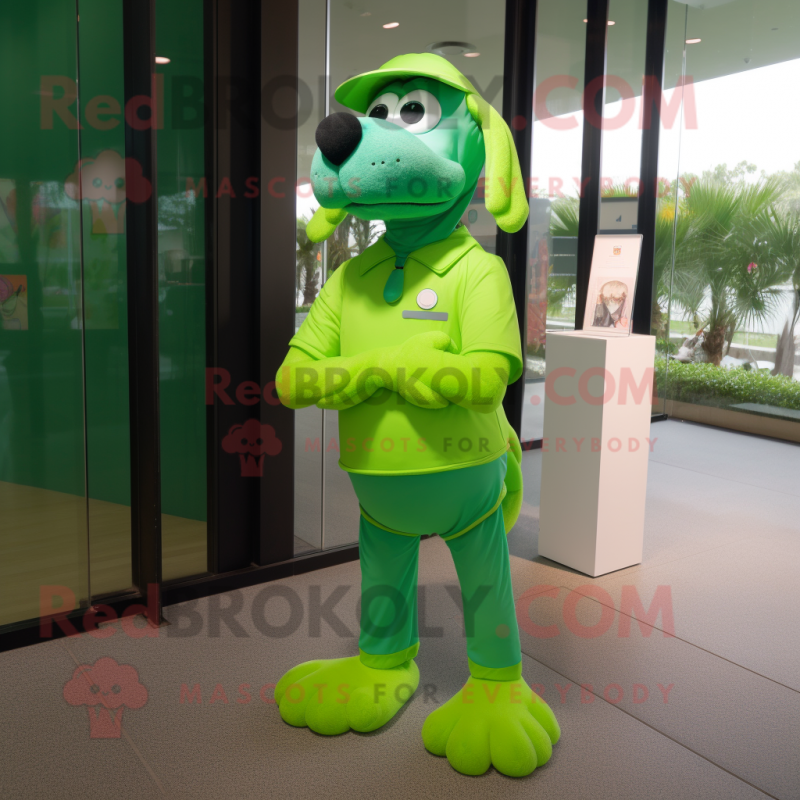 Lime Green Dog mascot costume character dressed with a Rash Guard and Cummerbunds