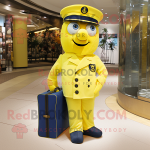 Lemon Yellow Navy Soldier mascot costume character dressed with a Suit and Clutch bags