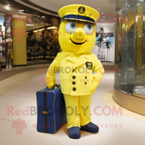 Lemon Yellow Navy Soldier mascot costume character dressed with a Suit and Clutch bags
