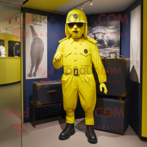 Lemon Yellow Navy Soldier mascot costume character dressed with a Suit and Clutch bags