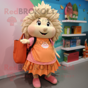 Peach Hedgehog mascot costume character dressed with a Mini Skirt and Tote bags