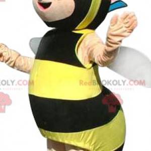 Mascota de la abeja con una pajarita de lunares morados -
