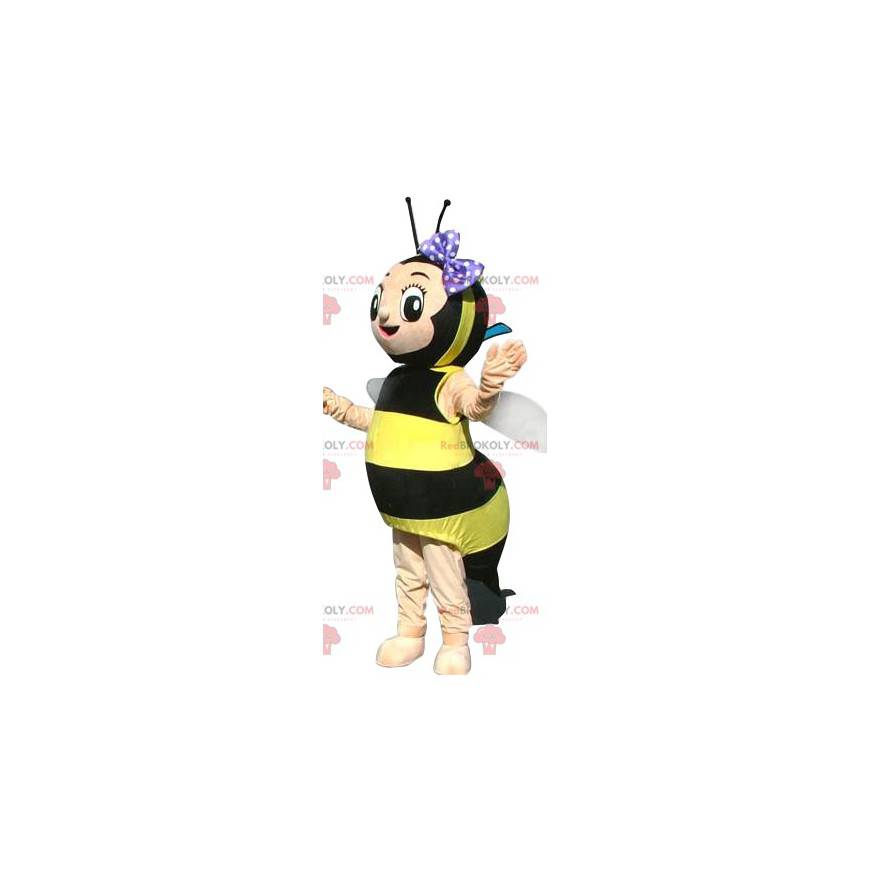 Mascote abelha com gravata borboleta roxa de bolinhas -
