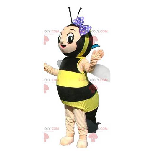 Mascote abelha com gravata borboleta roxa de bolinhas -