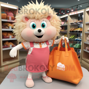 Peach Hedgehog mascot costume character dressed with a Mini Skirt and Tote bags
