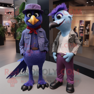 Purple Woodpecker mascot costume character dressed with a Boyfriend Jeans and Ties