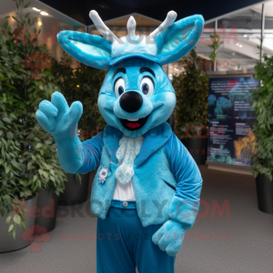 Cyan Reindeer mascot costume character dressed with a Waistcoat and Caps