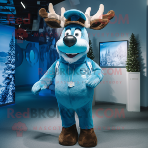 Cyan Reindeer mascot costume character dressed with a Waistcoat and Caps