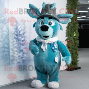 Cyan Reindeer mascot costume character dressed with a Waistcoat and Caps