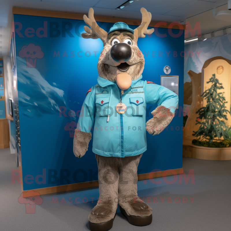 Cyan Reindeer mascot costume character dressed with a Waistcoat and Caps