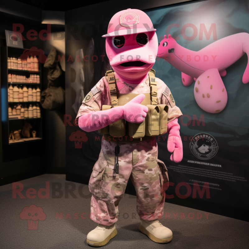 Pink Marine Recon mascot costume character dressed with a Henley Tee and Beanies