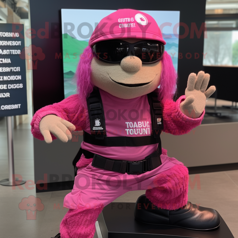 Pink Marine Recon mascot costume character dressed with a Henley Tee and Beanies