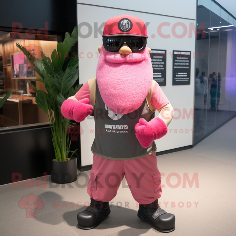 Pink Marine Recon mascot costume character dressed with a Henley Tee and Beanies