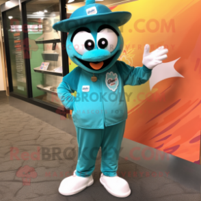 Teal Arrow Of Love mascot costume character dressed with a Button-Up Shirt and Shoe laces