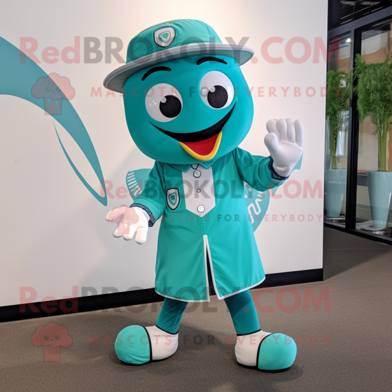 Teal Arrow Of Love mascot costume character dressed with a Button-Up Shirt and Shoe laces