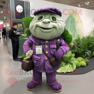Purple Cabbage mascot costume character dressed with a Button-Up Shirt and Messenger bags