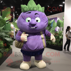 Purple Cabbage mascot costume character dressed with a Button-Up Shirt and Messenger bags