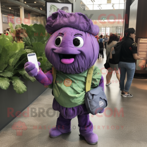 Purple Cabbage mascot costume character dressed with a Button-Up Shirt and Messenger bags