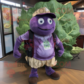 Purple Cabbage mascot costume character dressed with a Button-Up Shirt and Messenger bags