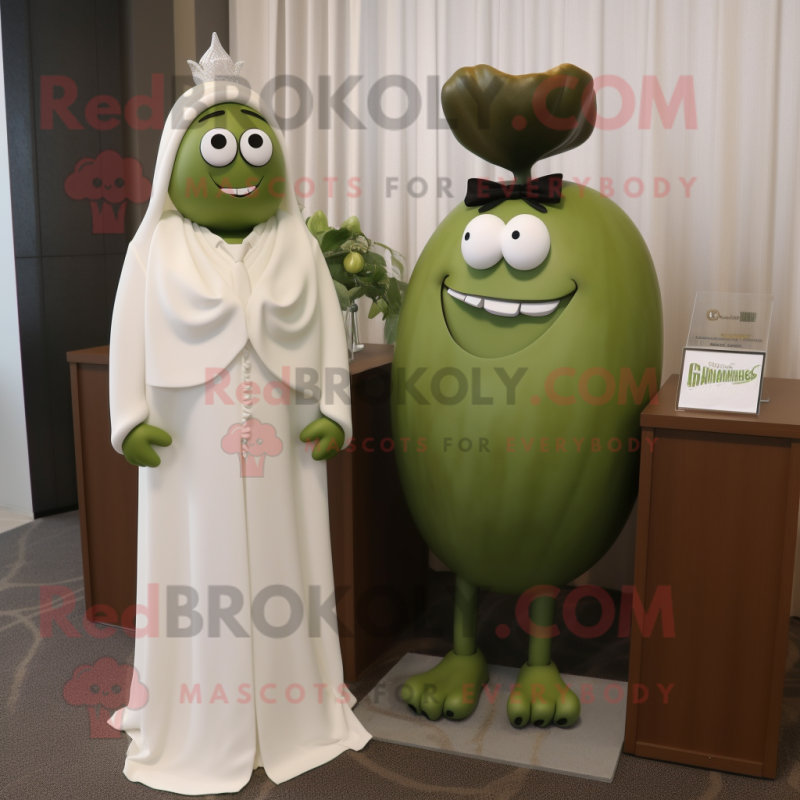 Olive Attorney mascot costume character dressed with a Wedding Dress and Earrings