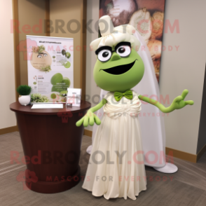 Olive Attorney mascot costume character dressed with a Wedding Dress and Earrings