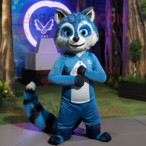 Blue Raccoon mascot costume character dressed with a Yoga Pants and Caps