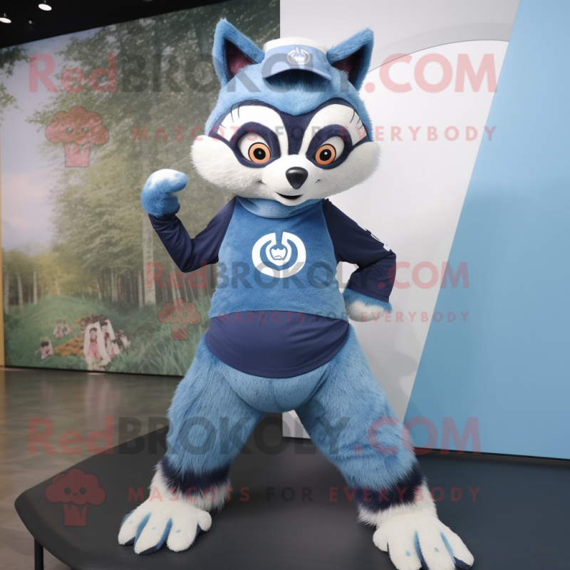 Blue Raccoon mascot costume character dressed with a Yoga Pants and Caps Blue Raccoon mascot costume character dressed with a Yoga Pants and Caps