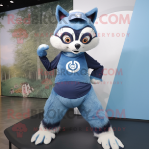 Blue Raccoon mascot costume character dressed with a Yoga Pants and Caps