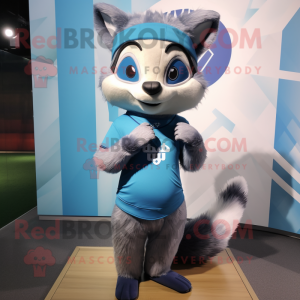 Blue Raccoon mascot costume character dressed with a Yoga Pants and Caps