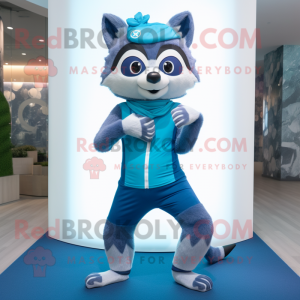 Blue Raccoon mascot costume character dressed with a Yoga Pants and Caps