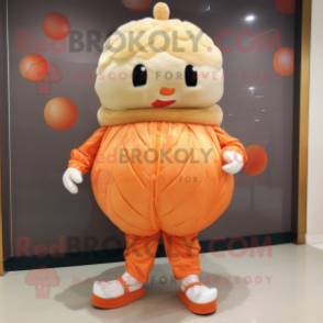 Peach Dim Sum mascot costume character dressed with a Shorts and Foot pads