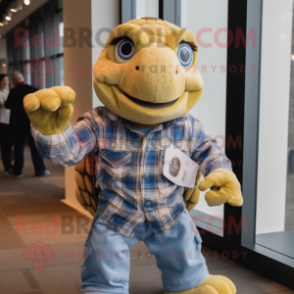 Gold Turtle mascot costume character dressed with a Chambray Shirt and Scarf clips