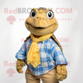 Gold Turtle mascot costume character dressed with a Chambray Shirt and Scarf clips